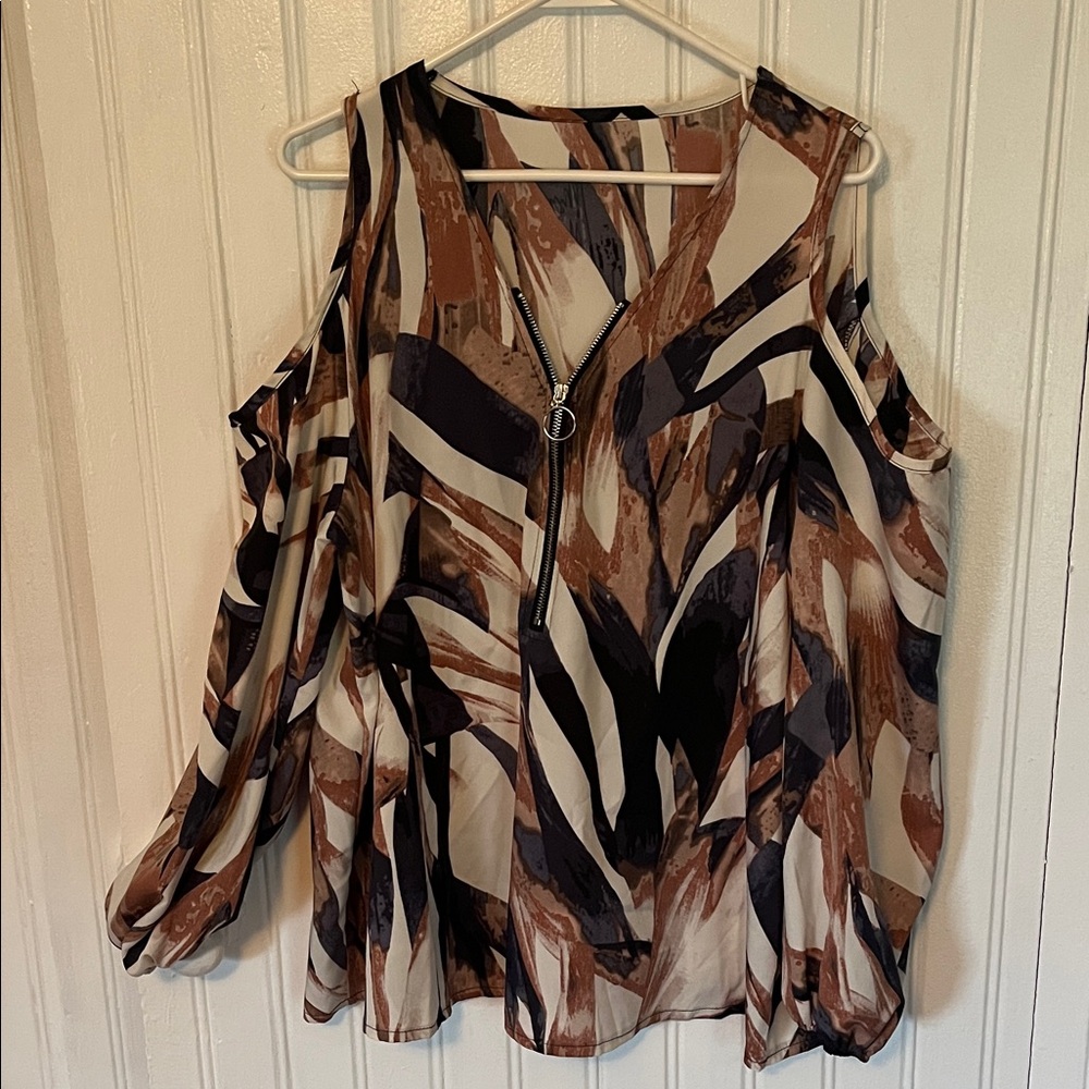 SHEIN Abstract Cold Shoulder Blouse - Brown, Black, Cream